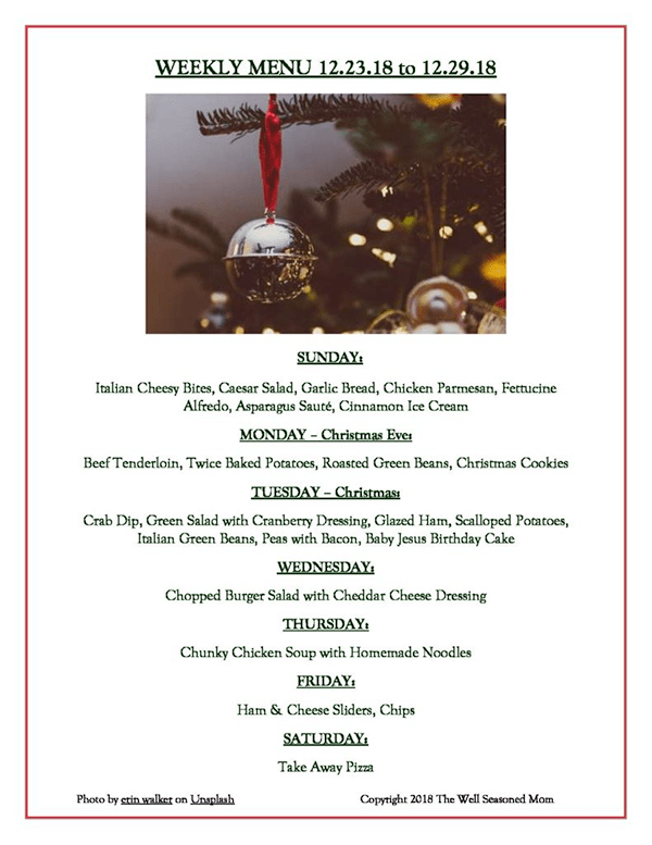 Menu for week of 12.23.18 to 12.29.18