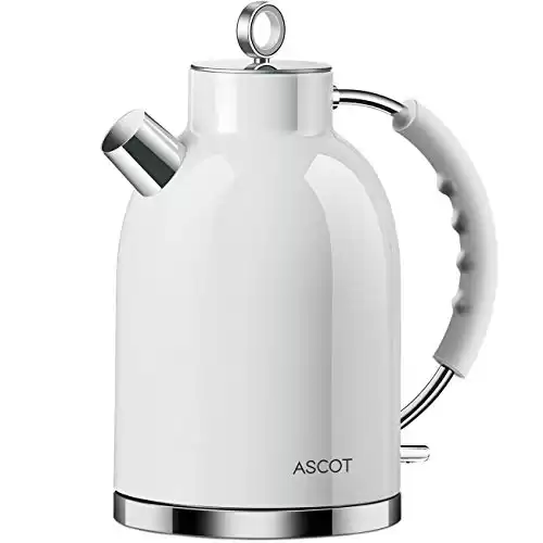 ASCOT Electric Kettle, Stainless Steel Electric Tea Kettle Gifts for Men/Women/Family 1.5L 1500W Retro Tea Heater & Hot Water Boiler, Auto Shut-Off and Boil-Dry Protection (White)