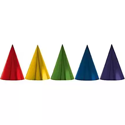 Fun Rainbow Birthday Party Foil Cone Hats, Pack of 24, Multi, 7" Foil