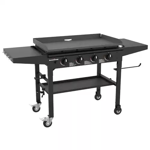 Blackstone 36 Inch Gas Griddle Cooking Station 4 Burner Flat Top Gas Grill Propane Fuelled Restaurant Grade Professional 36 Outdoor Griddle Station with Side Shelf (1554)