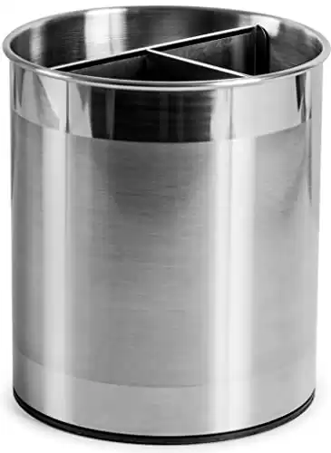 Cooler Kitchen Rotating Extra Large Stainless Steel Utensil Holder Caddy with Sturdy No-Tip Weighted Base, Removable Divider, and Gripped Insert Bottom -Dishwasher Safe Metal Cooking Utensil Holder