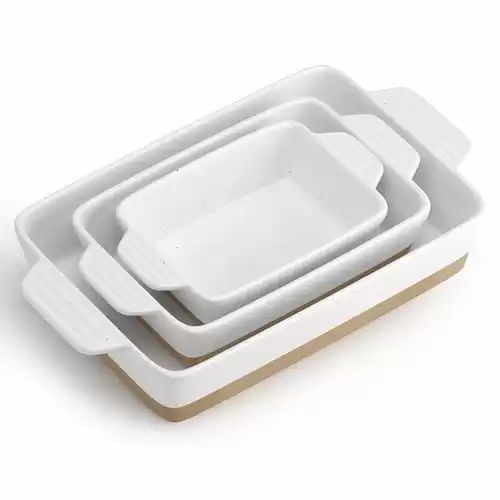 YMASINS Ceramic Baking Dish, Casserole Dishes for Oven, Extra Deep Lasagna Pans with Handles, Rectangular Bakeware Set of 3 from Oven to Table, Easy to Clean, 14.7 x 8.7 x 3 Inches, White