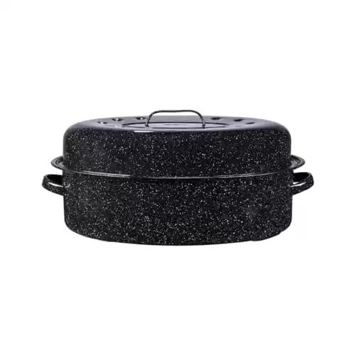 Granite Ware 19 inch oval roaster with Lid enameled steel design to accommodate up to 20 lb poultry/roast. Resists up to 932 F