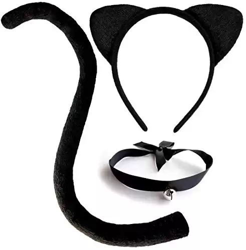 OLYPHAN Cat Costume Accessories Cat Ears and Tail Set Black Animal Halloween Kit for Women/Adults Cat Cosplay Pack with Bell Choker- 3 PCS