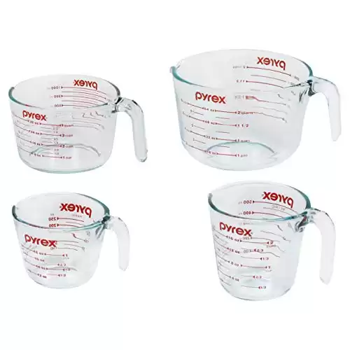 Pyrex Tempered Glass Liquid Measuring Cups Set, Includes 1-Cup, 2-Cup, 4-Cup, and 8-Cup, Dishwasher, Freezer, Microwave, and Preheated Oven Safe, Essential Kitchen Tools, 4 Piece