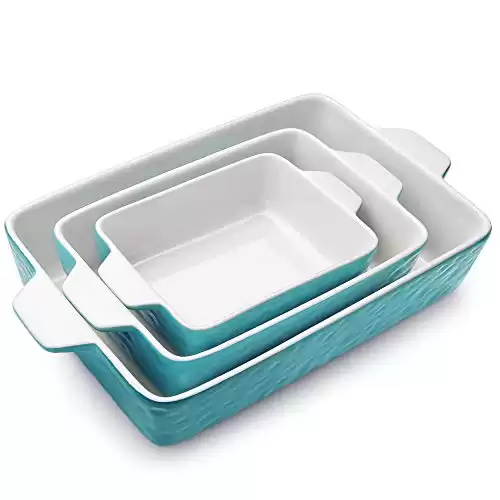 Krokori Baking Dishes, Casserole Dishes for Oven Lasagna Pan Deep Baking Pan Ceramic Bakeware Set for Cooking, Kitchen, Cake Dinner, Banquet and Daily Use, 3 PCS, 11.6 x 7.8 Inches of Aquamarine