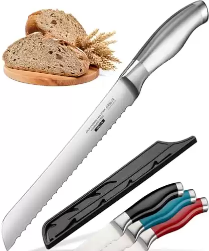 Orblue Serrated Bread Knife with Upgraded Stainless Steel Razor Sharp Wavy Edge Width - Bread Cutter Ideal for Slicing Homemade Bagels, Cake (8-Inch Blade with 5-Inch Handle)