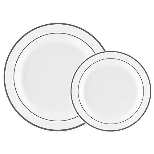 60PCS Heavyweight White with Silver Rim Wedding Party Plastic Plates,China Plastic Plates,30-10.25inch Dinner Plates and 30-7.5inch Salad Plates -WDF (White/Silver Rim)