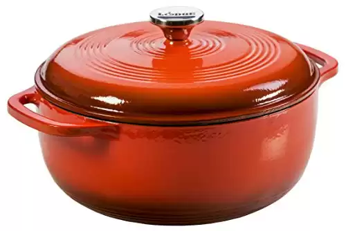 Lodge 6 Quart Enameled Cast Iron Dutch Oven with Lid Dual Handles Oven Safe up to 500 F or on Stovetop - Use to Marinate, Cook, Bake, Refrigerate and Serve Poppy