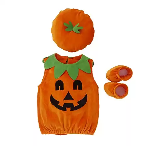 Lamuusaa Newborn Baby Girls Boys Halloween Costumes Sleeveless Pumpkin Romper Bodysuit Hat Socks Halloween Outfits 0-3Y (0-6M, Orange)