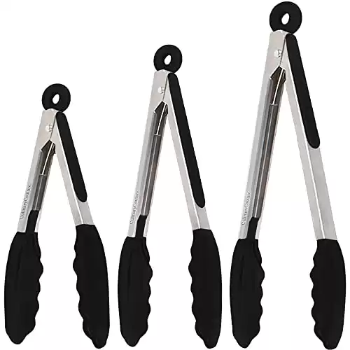 Silicone Kitchen Tongs for Cooking with Silicone Tips, Heat Resistant Tongs for Serving Food, 7-Inch, 9-Inch, 12-Inch Locking Silicone Tongs, Set of 3 Salad Tongs, Black Kitchen Utensils