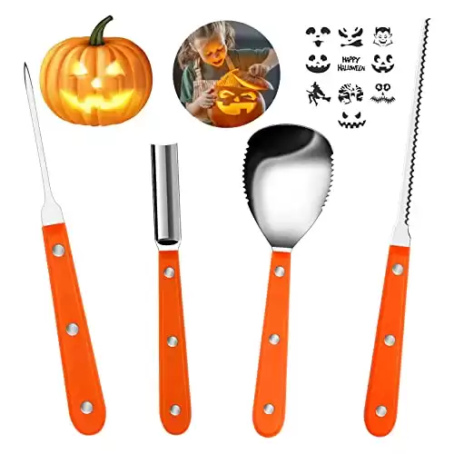 Ubitree Halloween Pumpkin Carving Kit, Jack-O-Lanterns 4pcs Professional Pumpkin Cutting Supplies Tools Stainless Steel Pumpkin Carving Knife Reusable Sturdy Carve Sculpt Set for Halloween Decoration