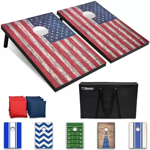GoSports 3 x 2 ft Classic Cornhole Set – Includes 8 Bean Bags, Travel Case and Game Rules - American Flag