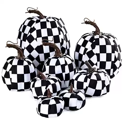 joyhalo Black and White Pumpkins, 8 Pack Buffalo Plaid Fall Decor Fall Artificial Pumpkin Foam Pumpkins for Fall Autumn Halloween Thanksgiving Harvest Tabletop Decoration