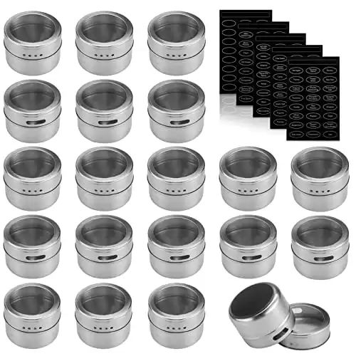 Bekith 20 Pack Stainless Steel Magnetic Spice Tins, Storage Spice Containers, Clear Top Lid with Sift and Pour, Magnetic on Refrigerator and Grill, 120 Spice Labels