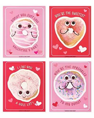 American Greetings Valentines Day Cards for Kids Classroom, Scratch and Sniff Strawberry Scent, Donuts (40-Count)