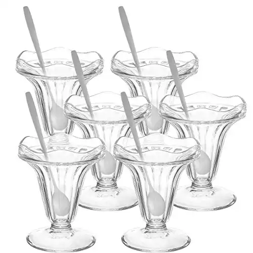 glokers Dessert Cups, 5.5 Ounce Ice Cream Bowl or Sundae Cup, Clear Glass Tumblers Including Long Handle Stainless Steel Sundae Spoons, Set of 6 Each