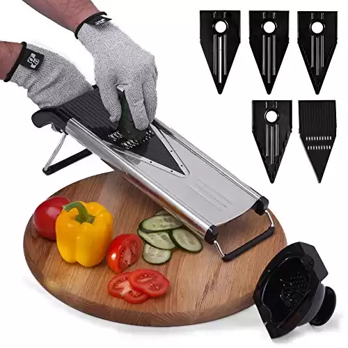 [Improved] V-Blade Mandoline Food Slicer + FREE Cut-Resistant Gloves - Stainless Steel Adjustable Vegetable Mandolin Slicer, Julienne Cutter - Includes 5 Inserts, Food Holder & Blade Guard