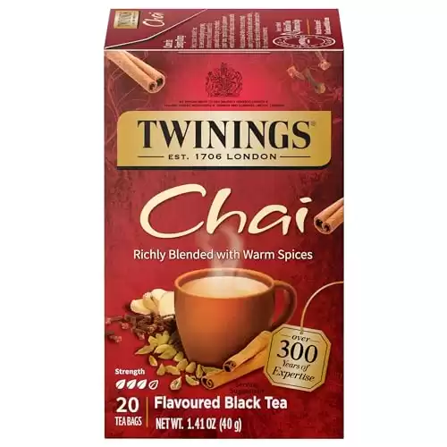 Twinings Chai Individually Wrapped Black Tea Bags, 20 Count (Pack of 6), Sweet, Savoury Spices, Caffeinated, Enjoy Hot or Iced