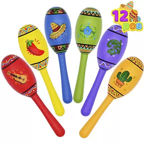 JOYIN 12 Mini Wooden Fiesta Maracas 6 Designs Noisemaker for Mexican Fiesta, Cinco De Mayo Party Favors, Musical Fun, Birthday Parties, Luau Party, Carnivals, Taco Tuesday Event