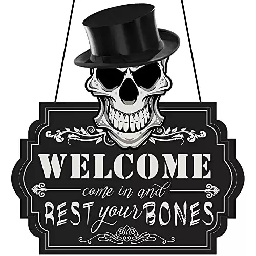 Halloween Skeleton Decorations Door Hanger Sign, Plastic Halloween Welcome Sign with Rope for Spooky Halloween House Door Wall Decorations