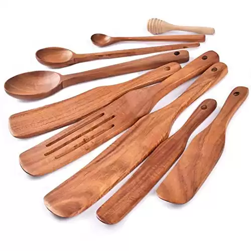 Spurtle Set,Wooden Spurtle Set of 9,Wooden Spoons for Cooking, Natural Teak Wooden Utensils for Cooking, Stirring, Mixing, Serving,Spurtles Kitchen Tools As Seen On Tv