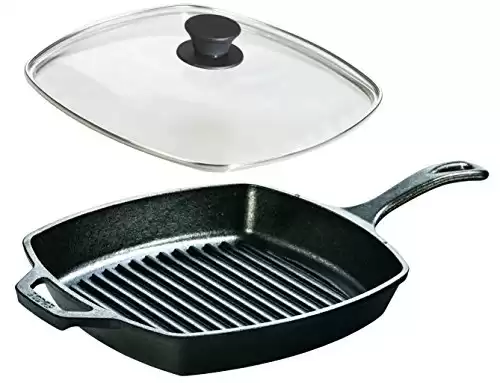 Lodge Seasoned Cast Iron Cookware Set - Square Grill Pan with Square Tempered Glass Lid (10.5 Inch)