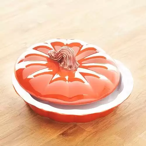 The Lakeside Collection Pumpkin Pie Dish - Ceramic Fall Cookware with Lid for Thanksgiving Dessert, Orange