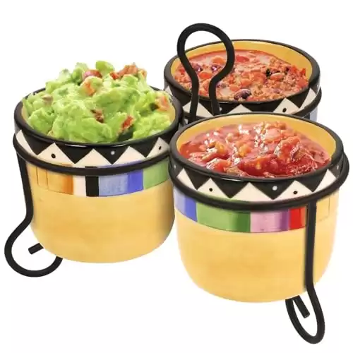 Kovot Fiesta Style 3 Dip Bowls With Metal Stand | 8-Ounce Ceramic Serving Set | Cinco De Mayo Decor