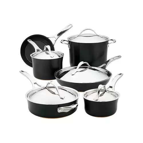 Anolon Nouvelle Copper Hard Anodized Nonstick Pots and Pans, Cookware Set (11 Piece), Onyx