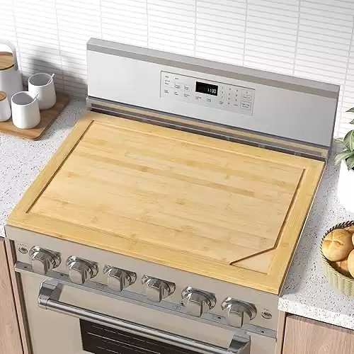 Stove Top Cover Board, Noodle Board Stove Cover, 30"L x 22"W x 0.75"Th Cutting Board, Wooden Stovetop Cover Cutting Board With Juice Grooves and Handles- Natural Color