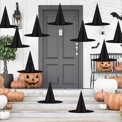 12 PCS Halloween Black Witch Hats Costume Accessory Decorations, Thickened Hanging Wizard Hats Bulk for Women Kids with Hanging Rope Floating Porch Indoor Outdoor Hocus Pocus Decor Party Supplies