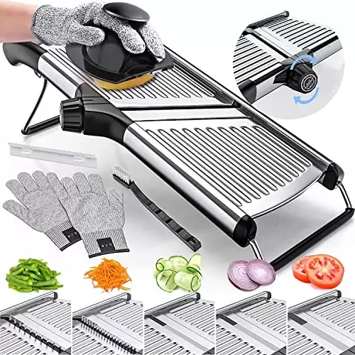 Gramercy Adjustable Mandoline Food Slicer, Mandoline Slicer for Kitchen, Mandolin, Potato, Tomato, Carrot, Vegetable, Fruit and Onion Cutter - Stainless Steel - INCLUDING 1 Pair Cut-Resistant Gloves