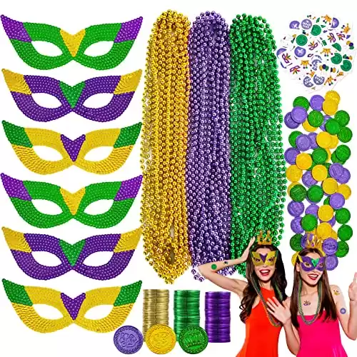 MGparty 168 PCS Mardi Gras Accessories - Masks Beads Necklaces Coins Tattoos Carnival Parade Masquerade Party Decorations Supplies